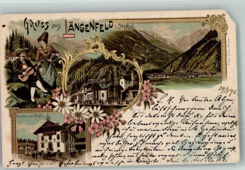 6444 Oberlängenfeld 1897 Gebrauchsspuren Tracht Gasthaus zum Hirschen Lithographie