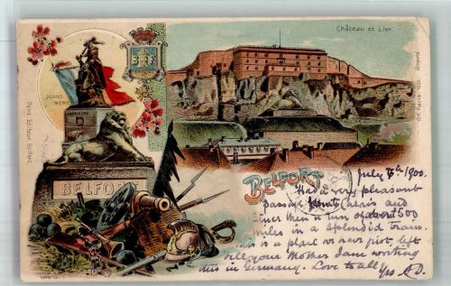 90000 Belfort 1900 Gebrauchsspuren Denkmal Quand Meme Löwe Schloss Lithographie