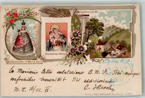 8630 Mariazell 1895 Gebrauchsspuren Kirche Gnadenmutter Schatzkammer Altarbild Lithographie Oberflächenschäden