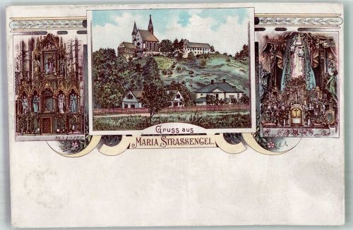 8111 Gratwein Gebrauchsspuren Wallfahrts - Kirche Maria Straßengel Lithographie