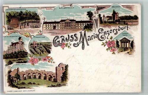 2340 Maria Enzersdorf 1899 Gebrauchsspuren Gasthaus Liechtenstein Burg Amphietheater Lithographie beschnitten