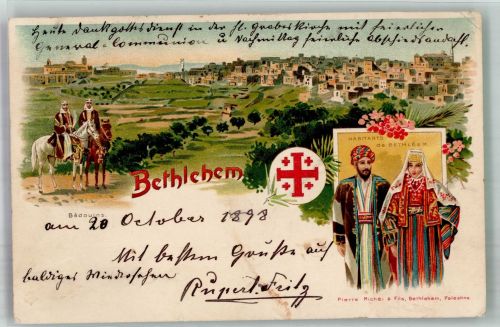 Bethlehem 1898 Gebrauchsspuren Tracht Mann Frau Beduinen Lithographie