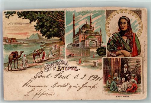 Port Said 1900 Gebrauchsspuren Nil Pyramiden Tracht Schule Lithographie beschnitten