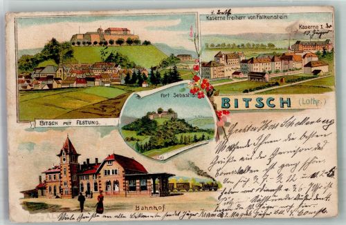 57230 Bitche 1904 Gebrauchsspuren Bahnhof Festung Kaserne Fort SebastianLithographie