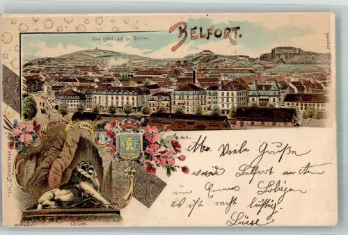 90000 Belfort 1899 Gebrauchsspuren Festung Denkmal Löwe Wappen Lithographie