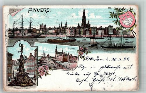 Antwerpen Anvers 1899 Gebrauchsspuren Denkmal Brunnen Brabo Le Steen Hafen Lithographie