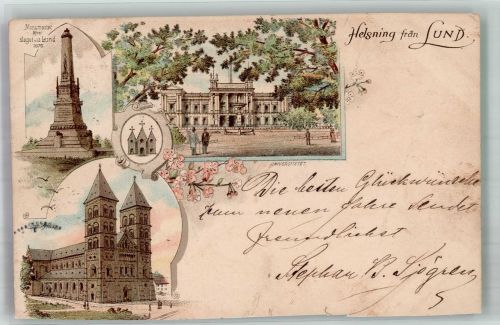 Lund 1896 Gebrauchsspuren Denkmal Kirche Universität Lithographie beschnitten
