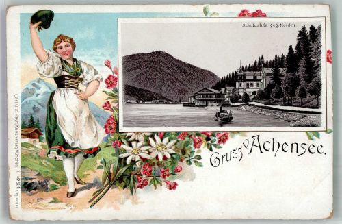 6215 Achenkirch Gebrauchsspuren Tracht Gasthaus Scholastika Lithographie beschnitten