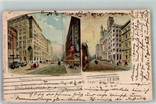Philadelphia 1899 Gebrauchsspuren Reading Terminal Chestnut Str. Lithographie