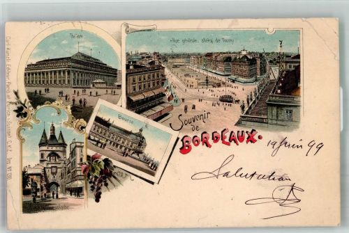 33000 Bordeaux 1899 Gebrauchsspuren Pferdestraßenbahn Allee de Tourny Börse Theater Lithographie