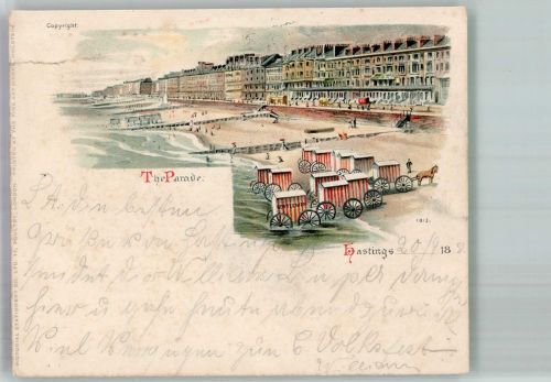 Hastings 1898 Gebrauchsspuren Strand Badekarren Lithographie