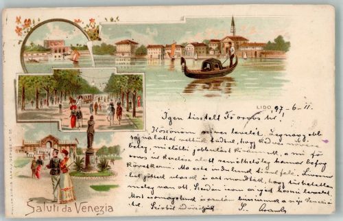 30100 Lido di Venezia 1897 Gebrauchsspuren Pferdestraßenbahn Gondel Denkmal Lithographie
