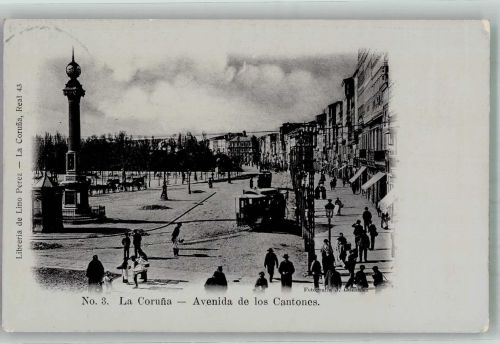 La Coruna 1909 Foto AK Denkmal Straßenbahn Avenida de los Cantones