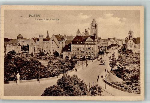 Posen Poznan 1917 Foto AK An der Schlossbrücke Straßenbahn Feldpost WK I Ers.Batl. Inf. Regt. 5