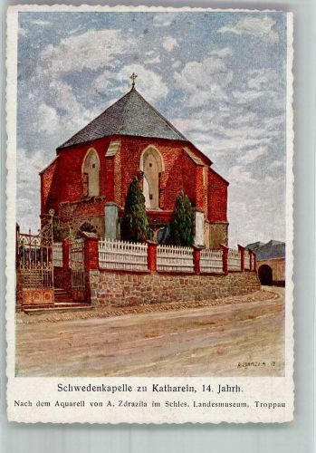 Opava Troppau Lithographie / Künstlerkarte Schwedenkapelle zu Katharein 14. Jahrh. sign. Zdrazila Spende
