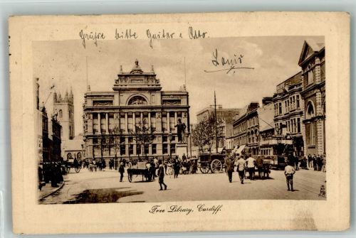 Cardiff 1911 Foto AK Straßenbahn Denkmal Free Library
