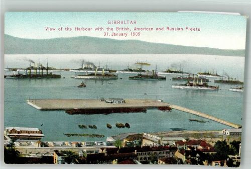 Gibraltar Gebrauchsspuren Hafen Kriegsschiffe Britsh American Russian Fleets 1909 Rückseite fehlt