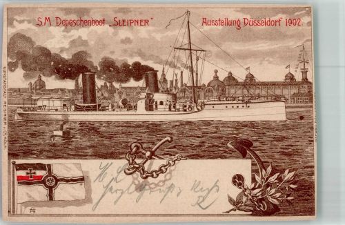 W4000 Düsseldorf S.M. Depeschenboot Sleipner Lithographie Gewerbeausstellung 1902 Gebrauchsspuren