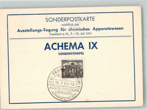 W6000 Frankfurt am Main Sonderpostkarte Achema IX Ausstellungs-Tagung für chemisches Apparatewesen Sonderstempel 1950