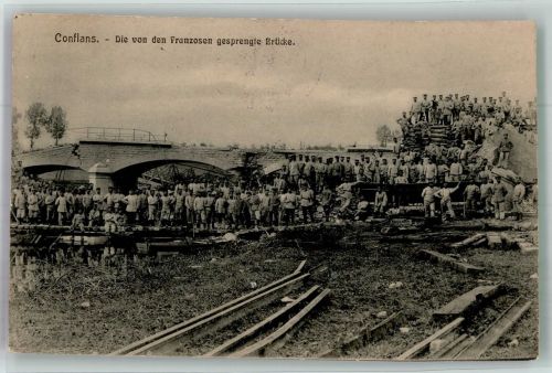 54800 Doncourt-les-Conflans 1915 Foto AK Feldpost WK I Nr. 100 gesprengte Brücke Uniform Soldaten