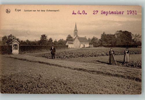 Eeklo 1931 Foto AK Erpe Kirche Bauern bei der Feldarbeit
