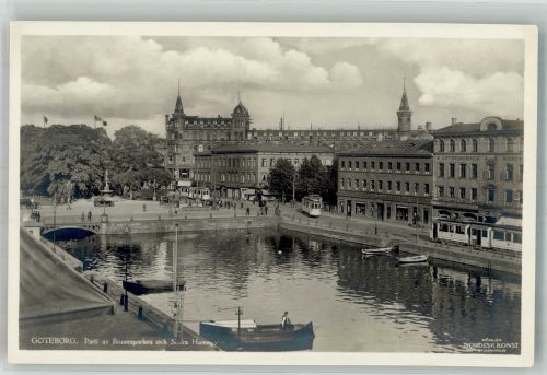 Göteborg Foto AK Partie in Brunnsparken Hafen Straßenbahn