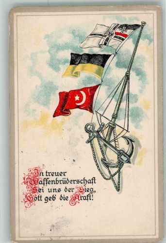 Waffenbrüderschaft Fahnen Propaganda WK I Deutsch-Türkische Freundschaft 1915 Gebrauchsspuren