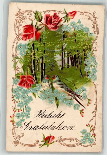 Schwalben Rosen Jugendstil 1908 Prägedruck