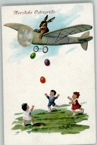 Ostern Hase vermenschlicht wirft Ostereier aus dem Flugzeug Verlag WS + SB Serie 1709 Glückwunsch Flugzeug Künstlerkarte