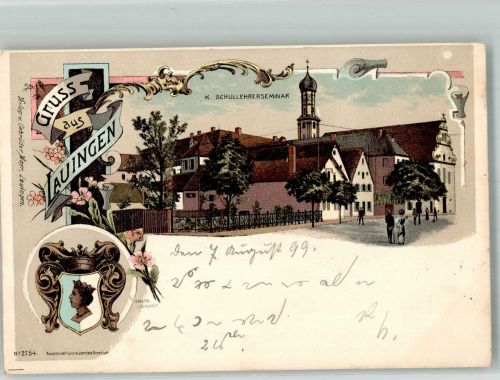 89415 W8882 Lauingen Donau 1899 Lithographie Wappen Kgl. Schullehrerseminar