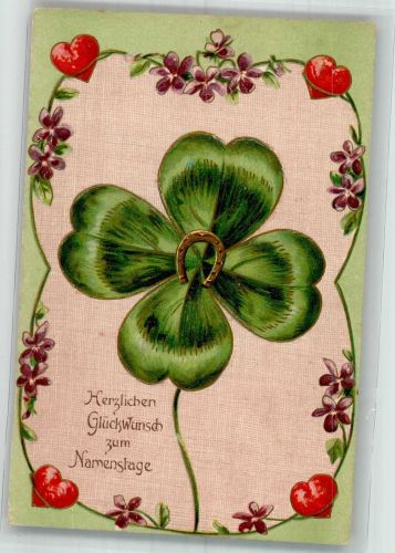 Glückwunsch Jugendstil Klee Hufeisen Winkler u. Voigt 6369 Namenstag 1910 Prägedruck