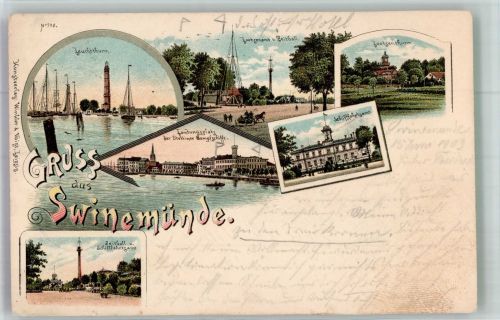 Swinemünde Swinoujscie 1903 Gebrauchsspuren Leuchtturm Zeitball Hafen Schifffahrtsamt Lithographie