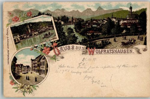 82515 W8190 Wolfratshausen Lithographie Isar-Flösser Brücke Kutsche Stadtpost-Marke