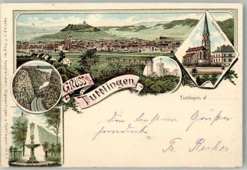 78532 W7200 Tuttlingen 1898 Lithographie Kath. Kirche Burg Hornberg Brunnen