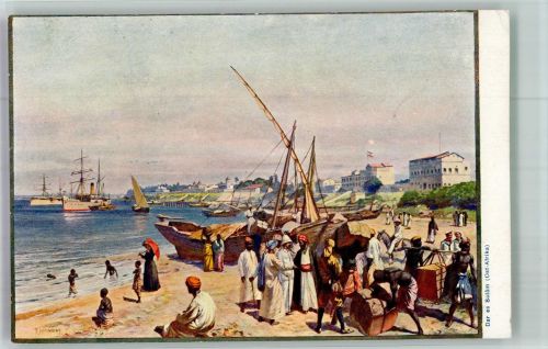 Daressalam Lithographie / Künstlerkarte Hafen Strand Tracht