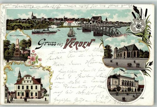 27283 W2810 Verden Aller 1899 Lithographie Kriegerdenkmal Rathaus Kgl. Landgericht Der Dom Aller -Brücke Stadtwappen