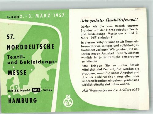 W2000 Hamburg 57. Nordd. Textil Messe , Stvecke Textilien Werbe Maschinenstempel Gewerbeausstellung 1957