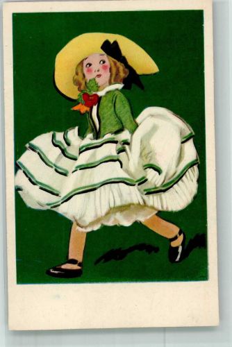 Erinnert an Lenci Puppen grün-weiß gestreiftes Kleid Art Deco 1920 Künstlerkarte