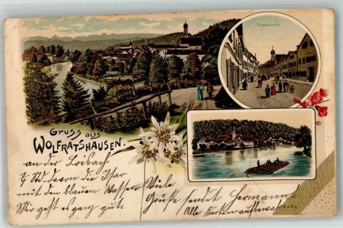 82515 W8190 Wolfratshausen 1901 Lithographie Untermarkt Isar Isarflößer Edelweiß