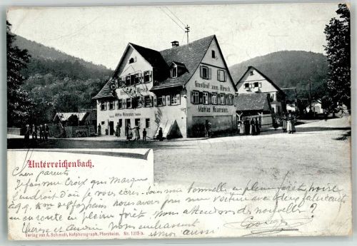 75399 W7267 Unterreichenbach , Kr Calw 1905 Gebrauchsspuren Gasthaus zum Hirsch Erh. II Stauchung