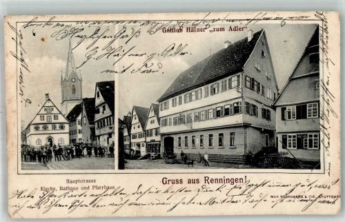 71272 W7253 Renningen 1906 Gebrauchsspuren Hauptstrasse Gasthaus zum Adler Rathaus Pfarrhaus Kirche Stauchung