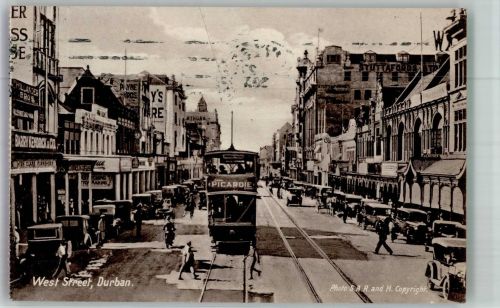 Durban 1932 Foto AK Straßenbahn Auto Geschäft West Street