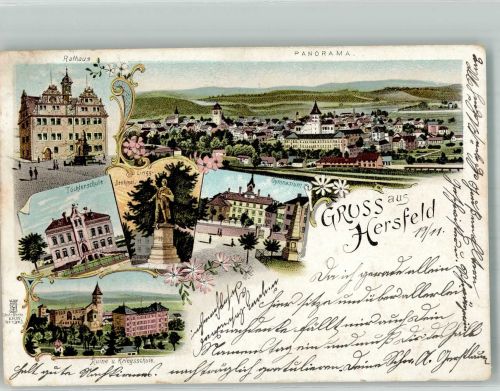 36251 W6430 Bad Hersfeld 1898 Gebrauchsspuren Lithographie Ruine Kriegsschule Töchterschule Gymnasium Rathaus Stauchungen