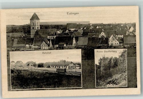 72160 W7241 Eutingen im Gäu Gebrauchsspuren Bahnhof Ruine Staufenberg Stauchungen + Briefmarke entfernt