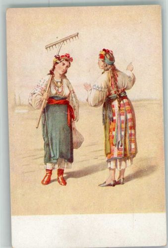 sign. M. Klodt - Frauen Bäuerin mit rechen Trachten Ukraine Künstlerkarte