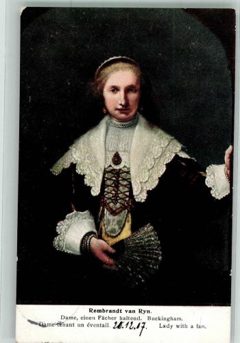 sign. Rembrand van Ryn Dame Fächer haltend Künstler R 1907 Künstlerkarte