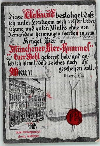 1060 Wien 6. Bezirk, Mariahilf Foto AK Hotel Münchnerhof Mariahilferstrasse 81 Urkunde Münchner Bier-Rummel