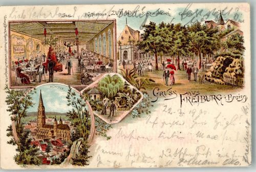 79098 W7800 Freiburg im Breisgau 1900 Lithographie Freiburger Münster Kaffeehaus- Saal Parkanlage Felsengrotte Bahnpost Frankfurt-Basel Zug 15