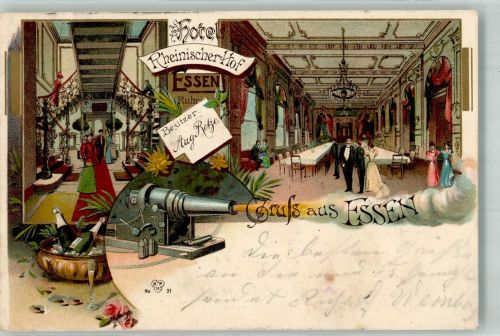 45127 W4300 Essen , Ruhr 1902 Gebrauchsspuren Lithographie Hotel Rheinischer Hof Eingangshalle Speisesaal Kanone Einriß