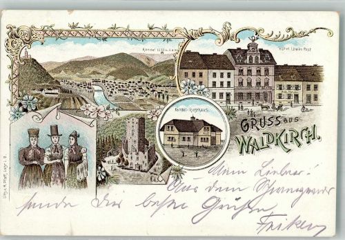 79183 W7808 Waldkirch , Breisgau 1903 Lithographie Schwarzwälder Trachten Kandel-Rasthaus Hotel Löwen-Post Kastelburg